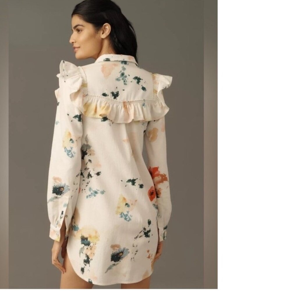 By Anthropologie Pilcro Long-Sleeve Ruffled Denim Mini Shirt Dress size M new - Picture 4 of 9